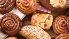 Breads,,Buns,,Croissants.,Bakery,Ingredients,On,Wooden,Background.,Breakfast,Food