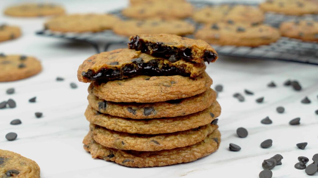 soft and chewy chocolate chip cookies in table