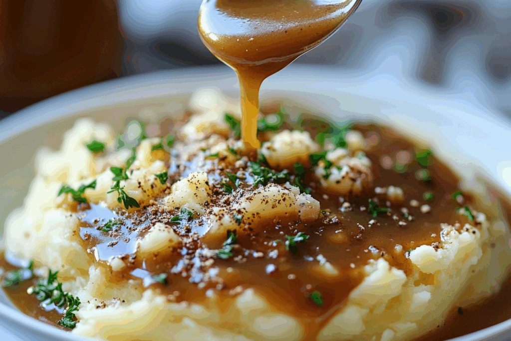 creamy garlic mashed potatoes with gravy