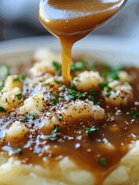 creamy garlic mashed potatoes with gravy