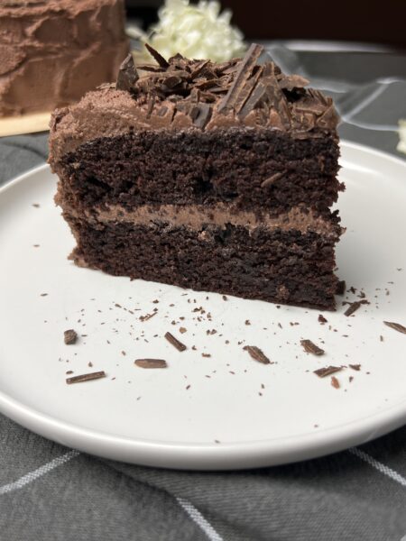 a slice of rich and moist chocolate cake on plate