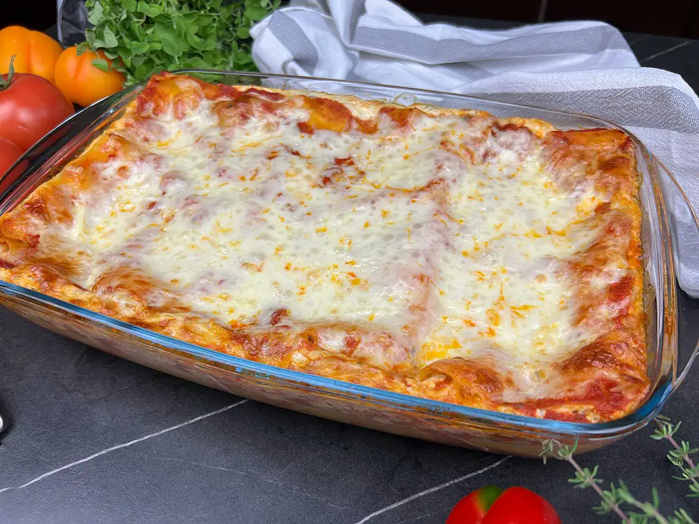 classic four cheese lasagna in a dish