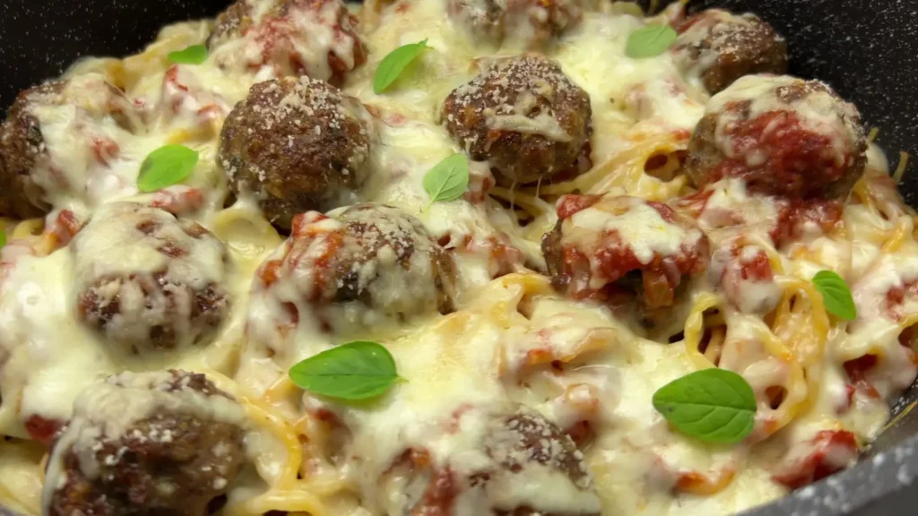 spaghetti and meatballs recipe in pan