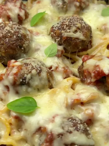 spaghetti and meatballs recipe in pan
