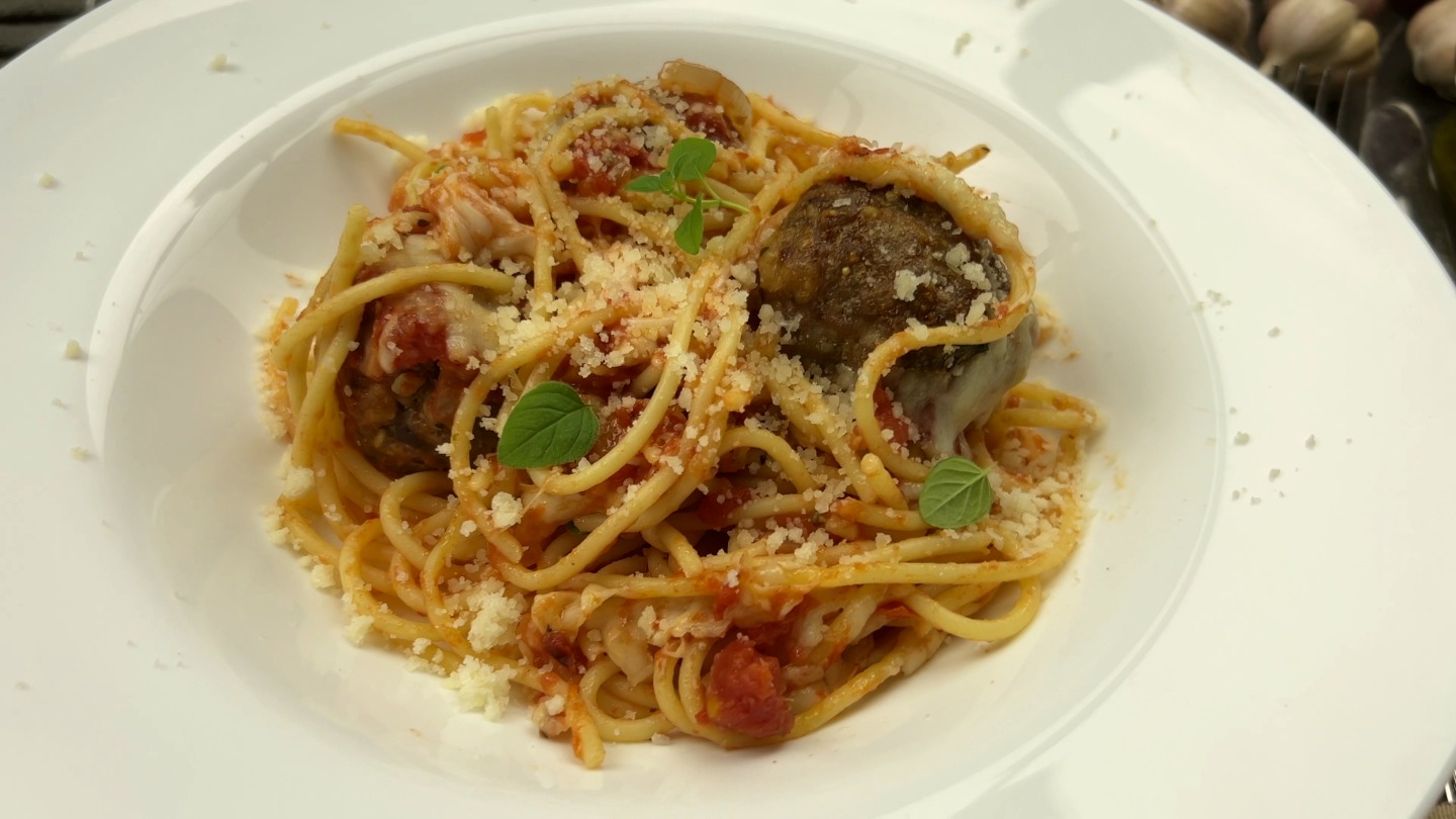 spaghetti and meatballs recipe on plate